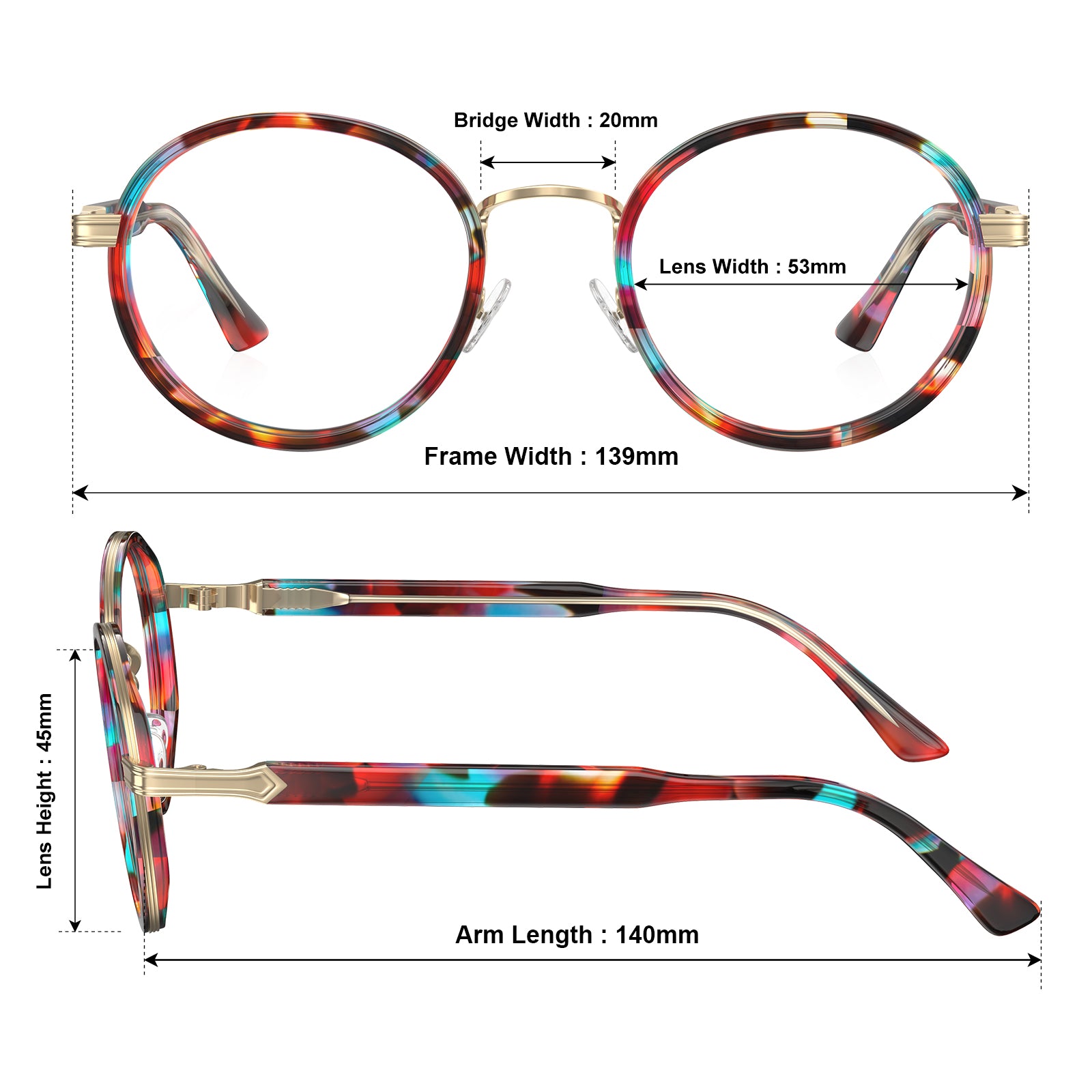 Carfia Women's Round Prescription Eyeglasses Colorful Tortoiseshell Acetate Frames sizes
