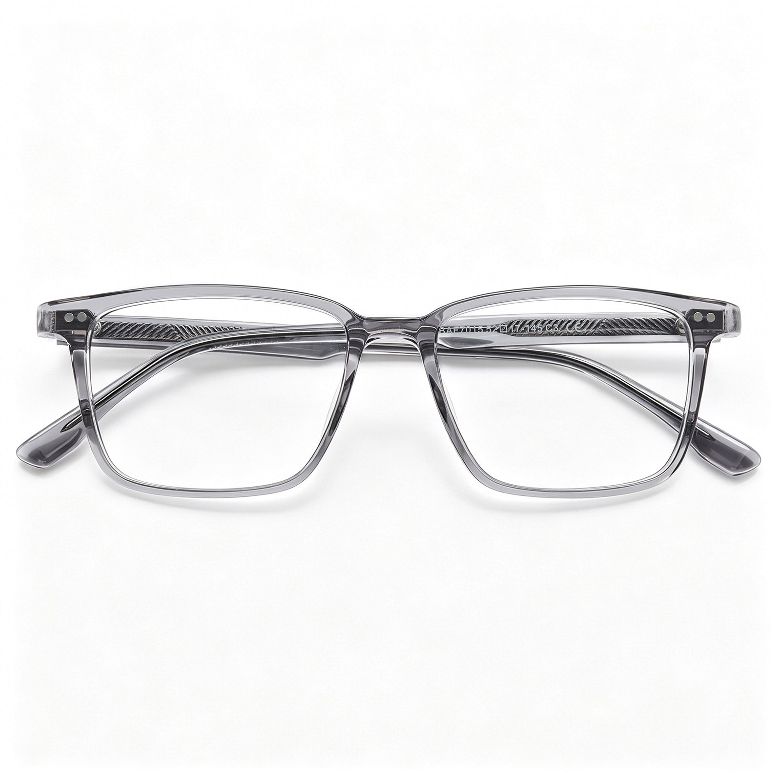 Close-up of CARFIA Martia transparent grey acetate frame texture and hinge detail