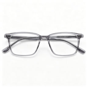 Close-up of CARFIA Martia transparent grey acetate frame texture and hinge detail