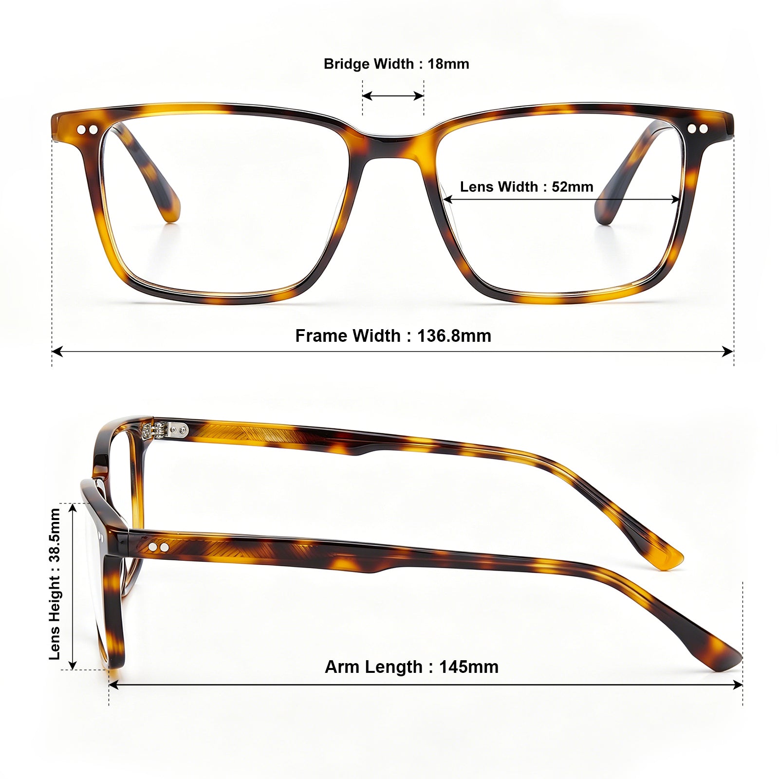 Lightweight Square Eyeglasses | Classic Tortoiseshell Acetate Frame |CARFIA sizes