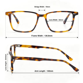 Lightweight Square Eyeglasses | Classic Tortoiseshell Acetate Frame |CARFIA sizes