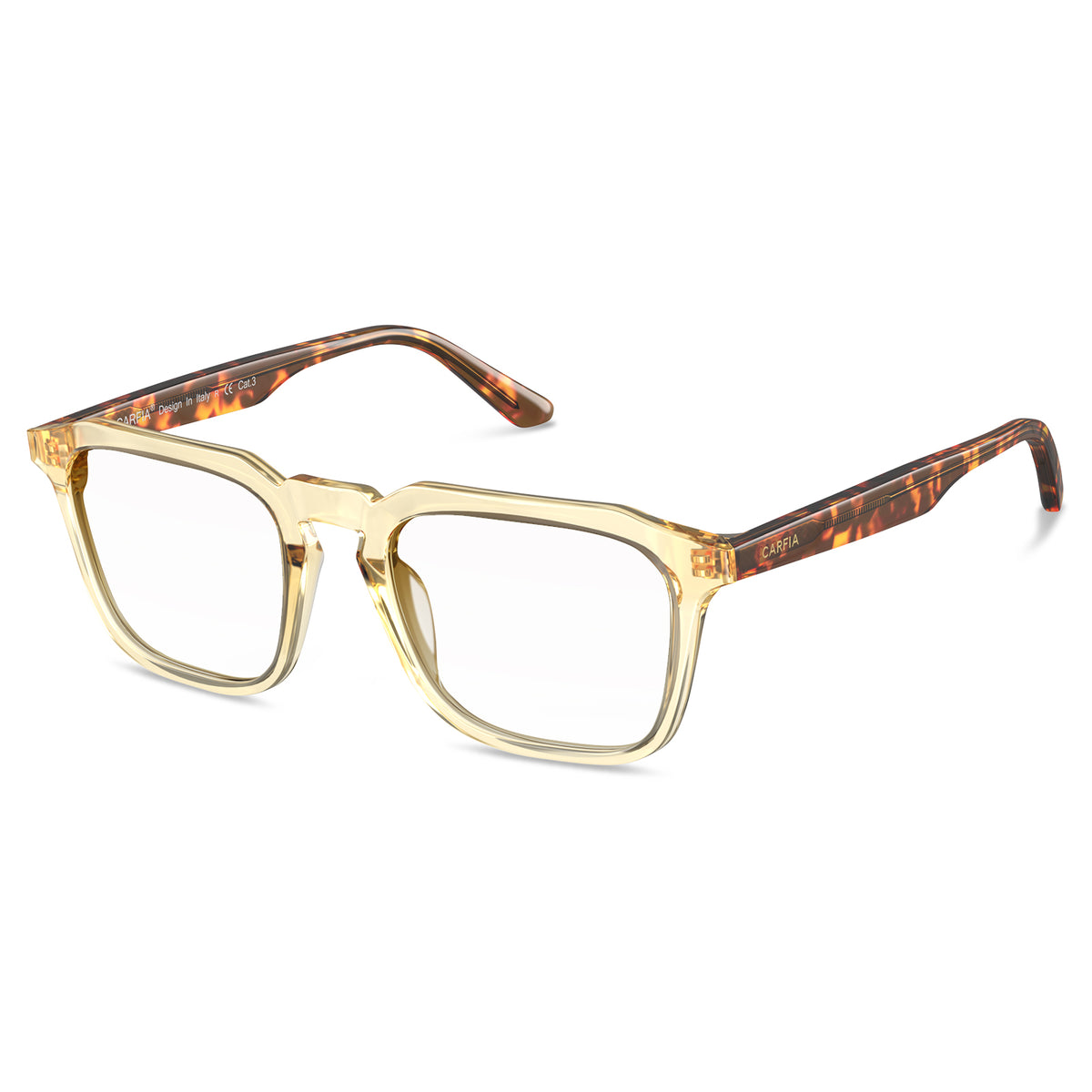 Side view of transparent gold acetate eyeglasses showing tortoise shell temple arm - CARFIA designer eyewear