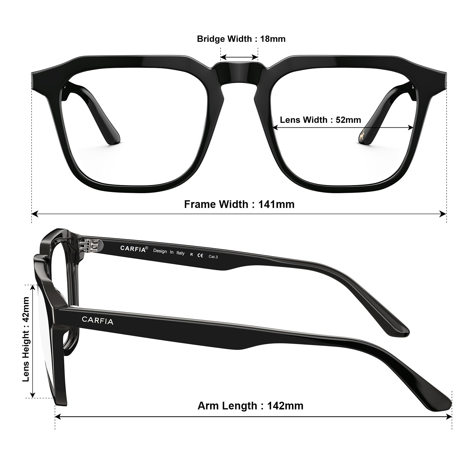 Carfia Albany-FC01 unisex black acetate prescription eyeglasses, sizes view	