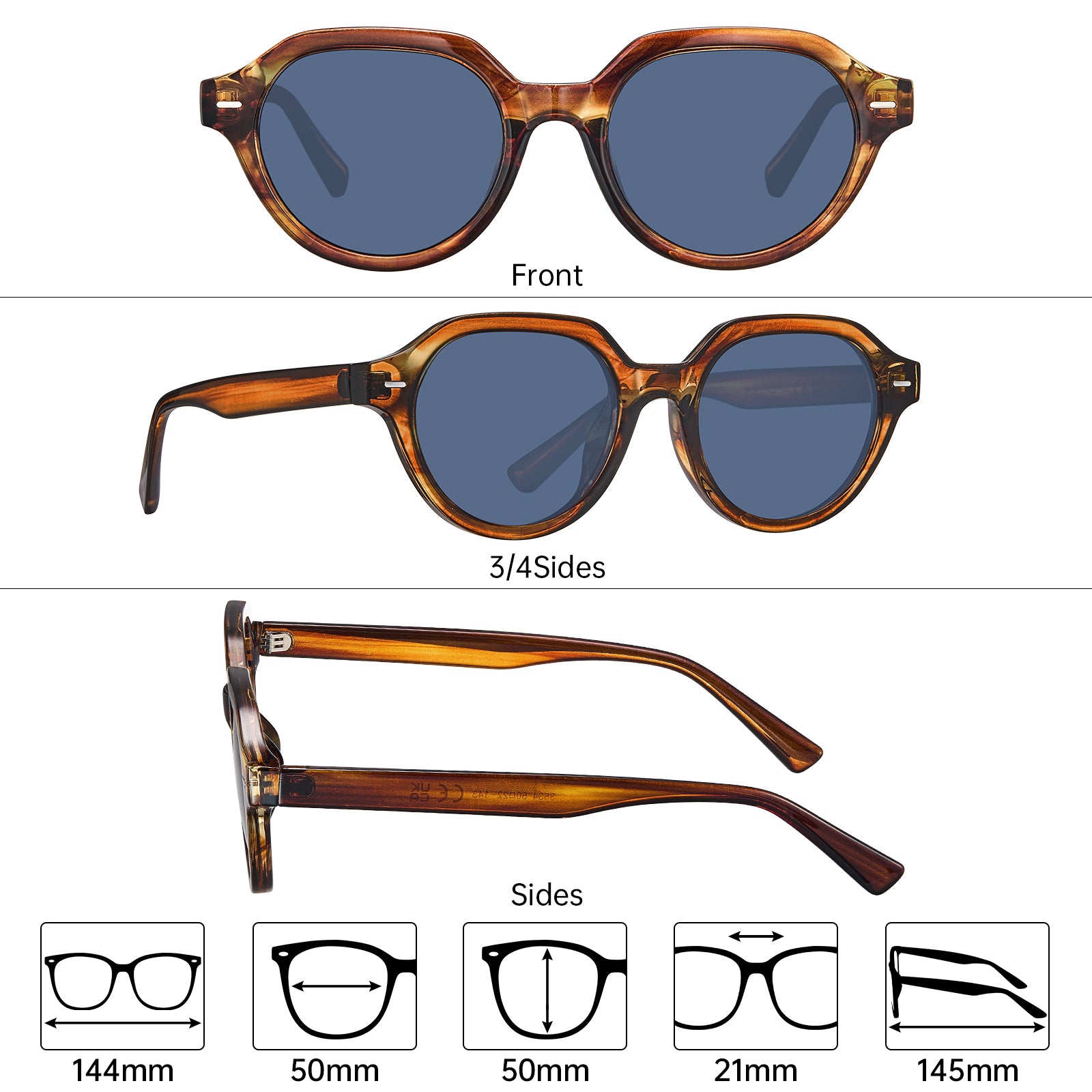 Carfia Aomst L06 men brown acetate prescription sunglasses, sizes view