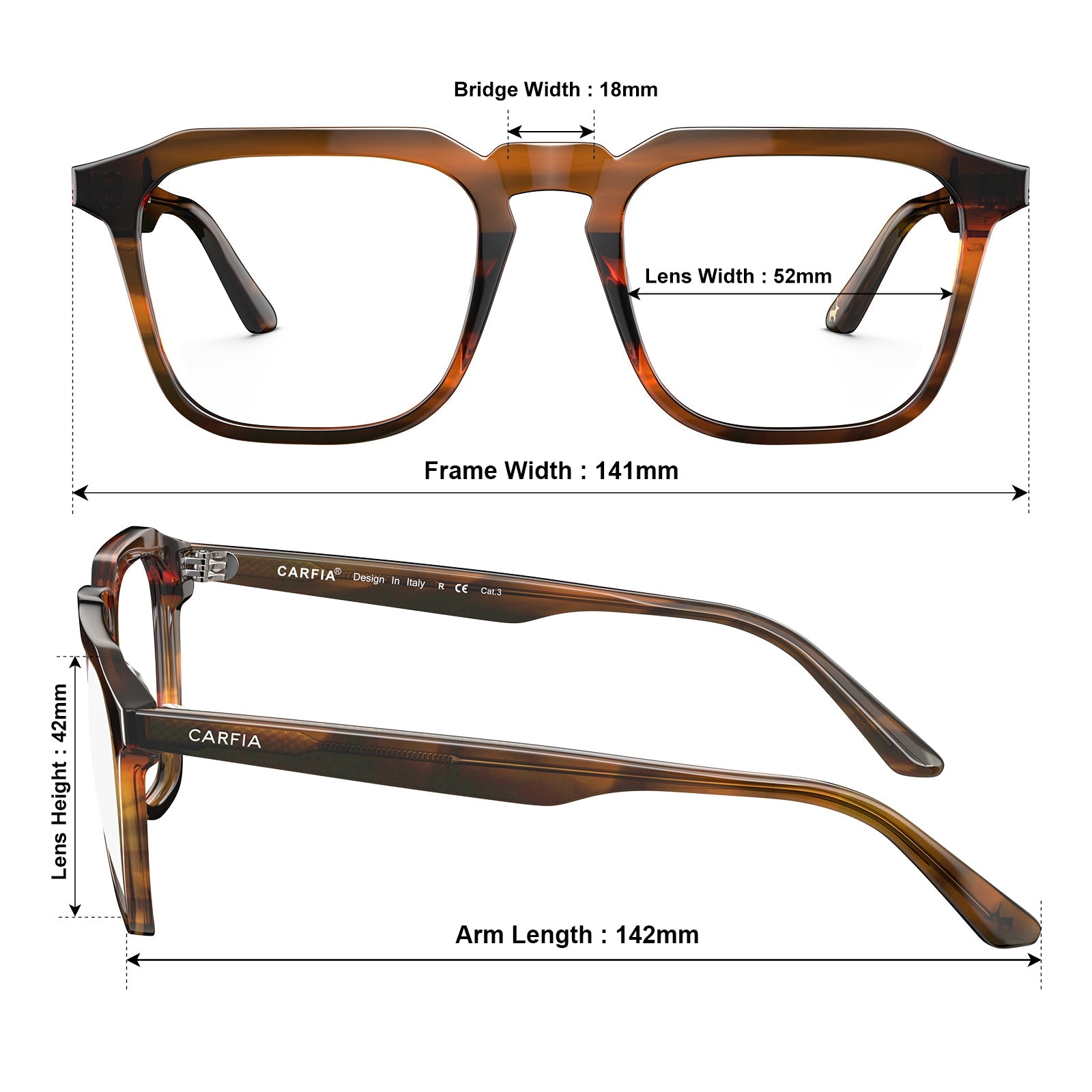 Carfia Albany CA5352-FC02 Brown Acetate Square Prescription Glasses Eyeglasses for Unisex, Size Chart