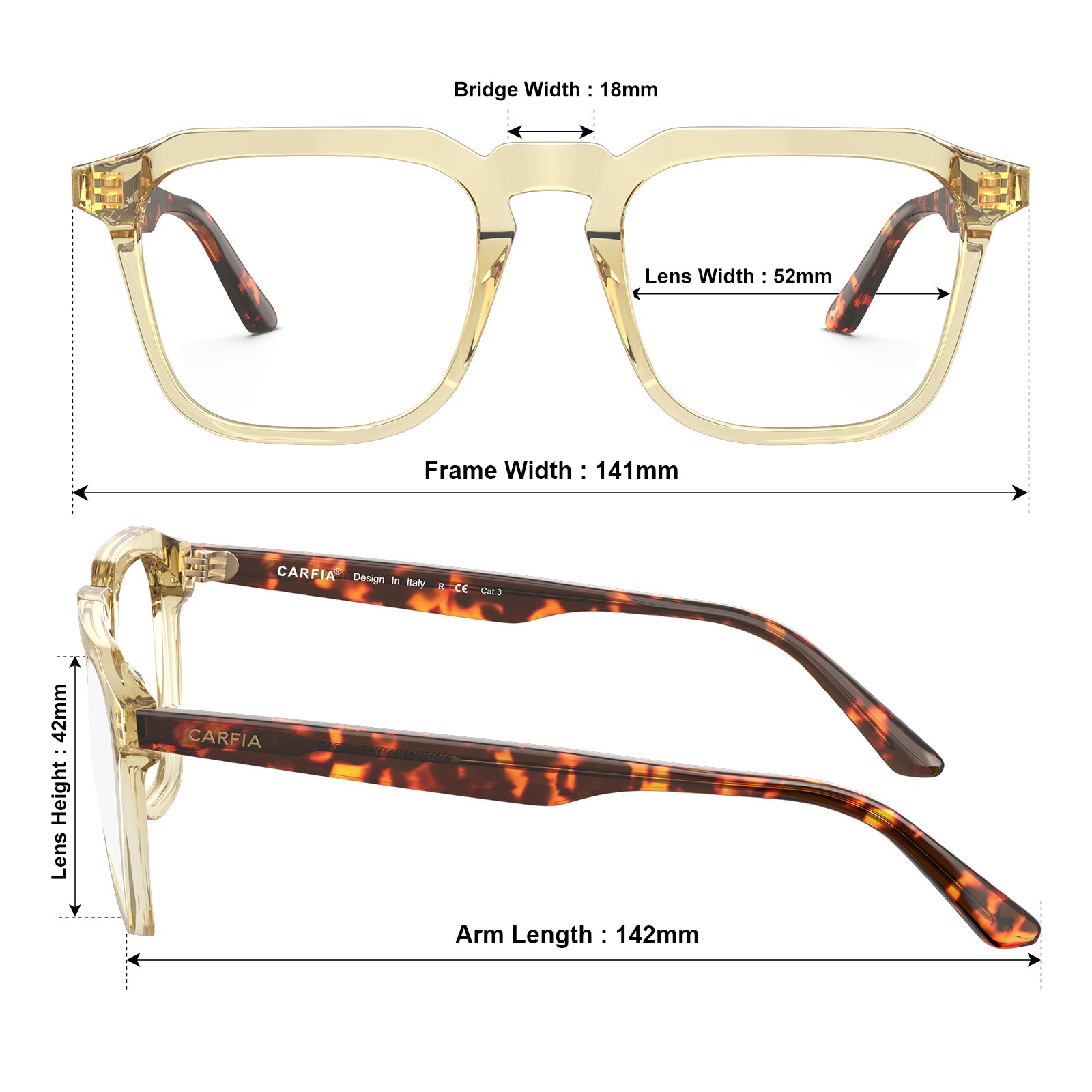 Carfia Albany CA5352-FC06 Gold Acetate Square Prescription Glasses Eyeglasses for Unisex, Size Chart