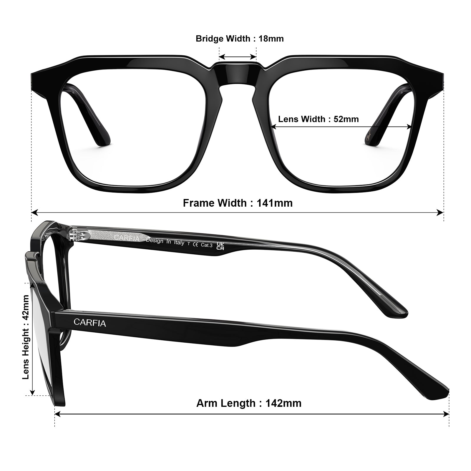 Carfia Albany CA5352-FC11 Black Acetate Square Prescription Glasses Eyeglasses for Unisex, Size Chart