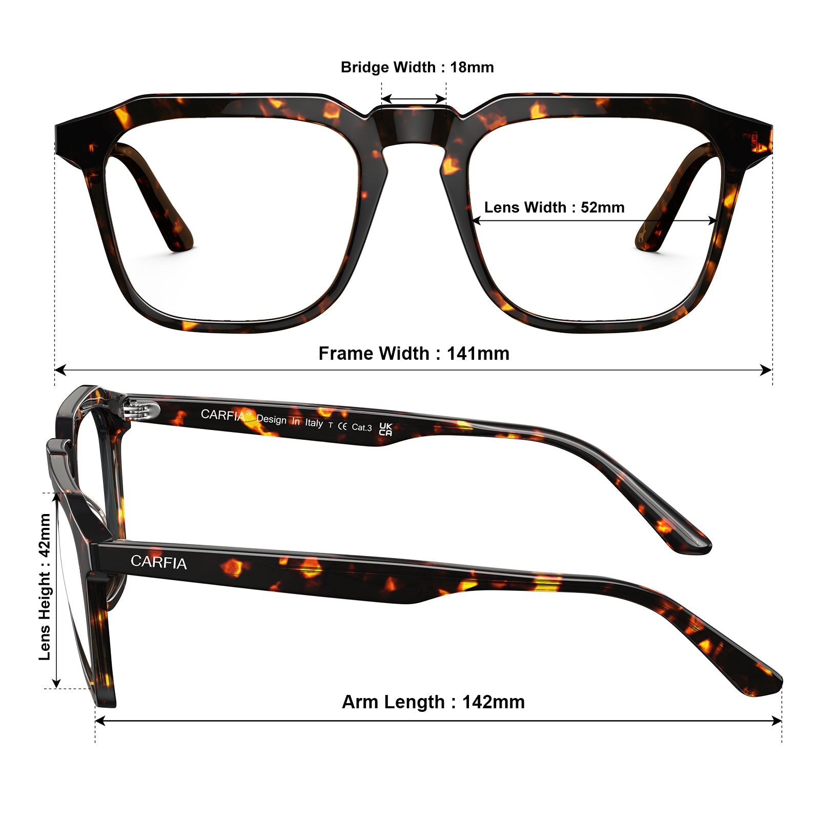 Carfia Albany CA5352-FC13 Tortoise Acetate Square Prescription Glasses Eyeglasses for Unisex, Size Chart