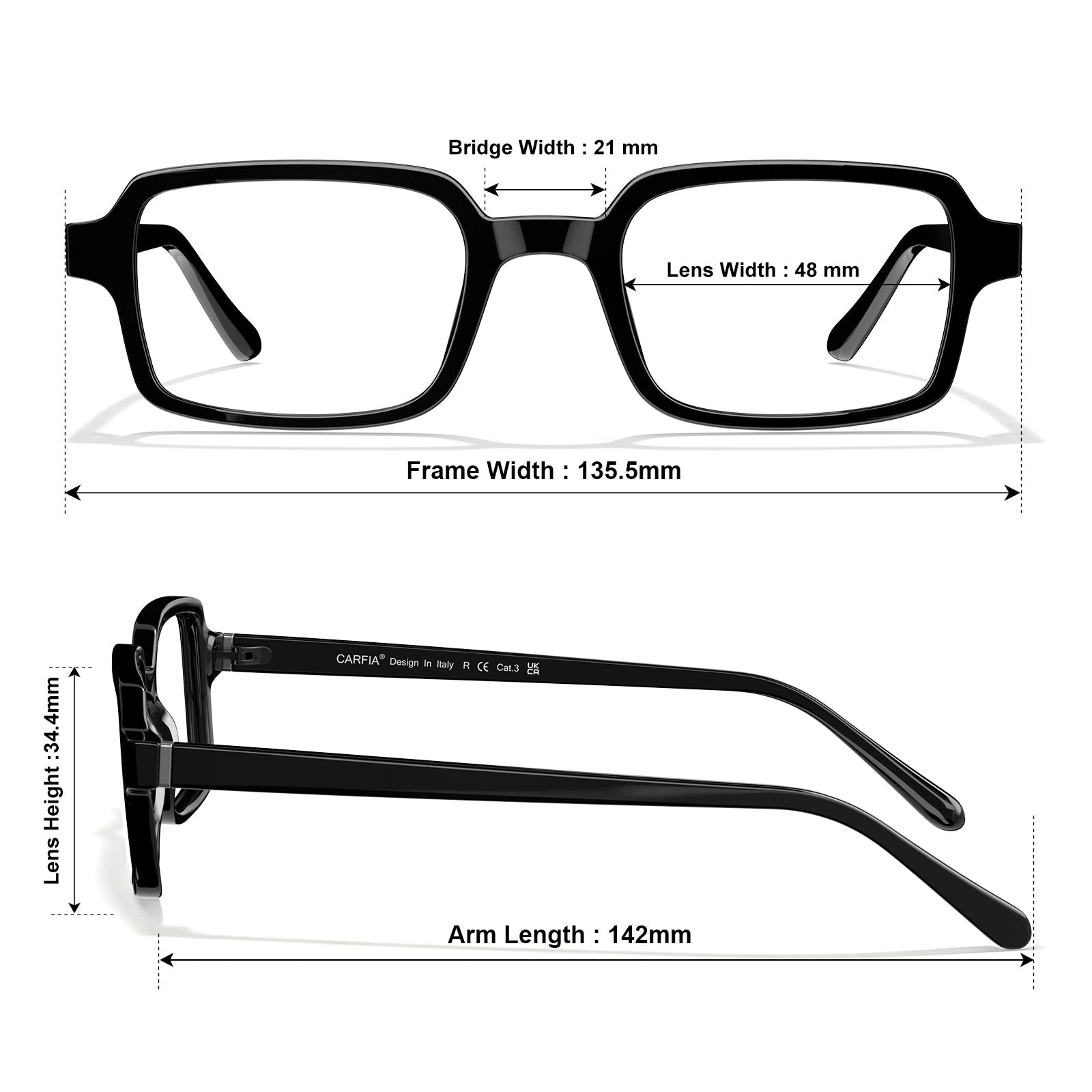 Carfia Amory CA7035-C1 Black Acetate Rectangle Prescription Glasses Eyeglasses for Unisex, Size-Chart View