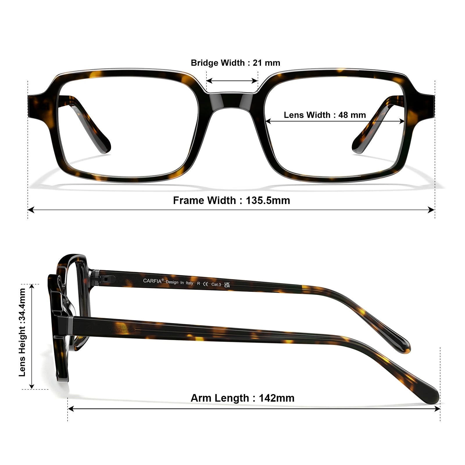 Carfia Amory CA7035-C2 Tortoise Acetate Rectangle Prescription Glasses Eyeglasses for Unisex, Size-Chart View