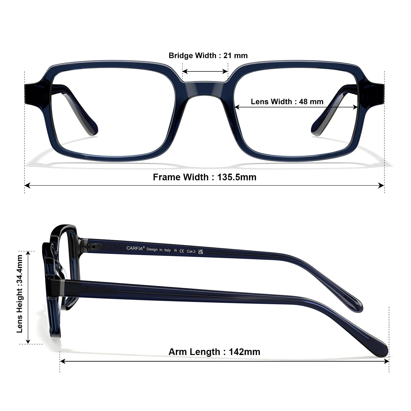 Carfia Amory CA7035-C4 Navy Acetate Rectangle Prescription Glasses Eyeglasses for Unisex, Size-Chart View