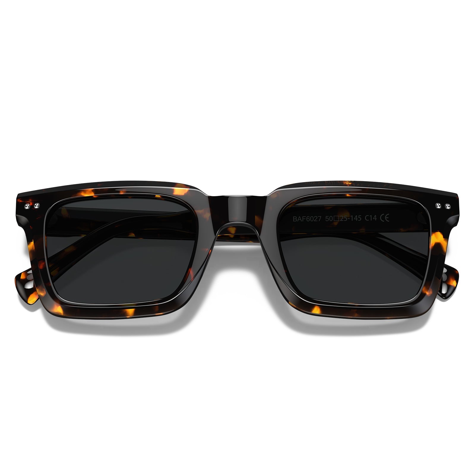 Carfia Arnect-C14-RX Tortoise Acetate Square Polarized Prescription Sunglasses for Men, Detail: flat lay with lens engraving BAF6027 50□25-145 C14