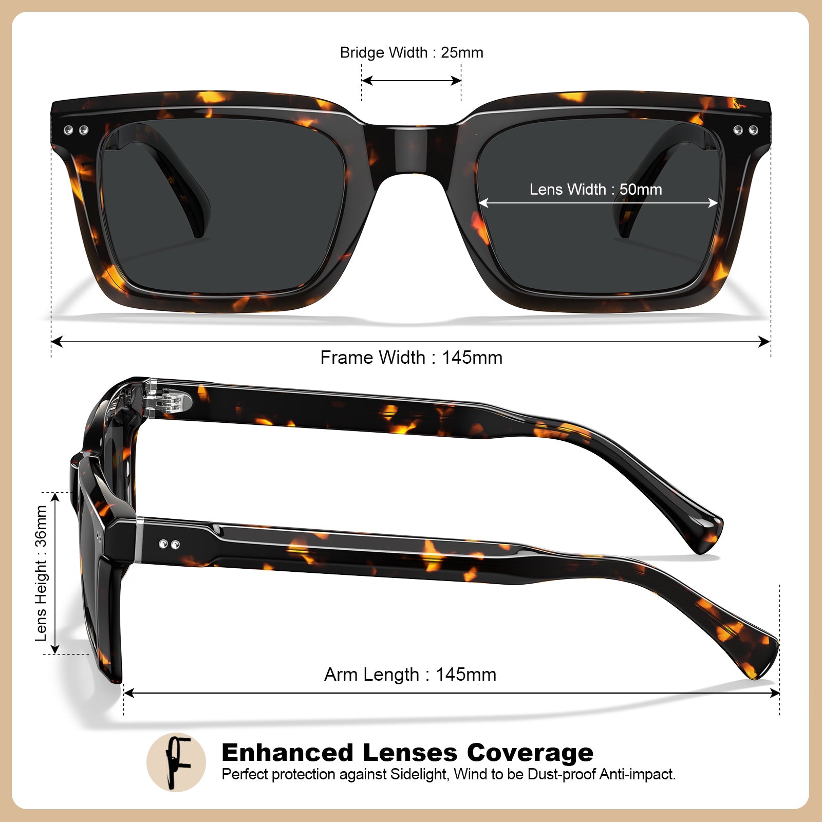 Carfia Arnect-C14-RX Tortoise Acetate Square Polarized Prescription Sunglasses for Men, Size Chart: 145mm frame width, 50mm lens width, 36mm lens height, 25mm bridge, 145mm temple
