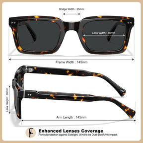 Carfia Arnect-C14-RX Tortoise Acetate Square Polarized Prescription Sunglasses for Men, Size Chart: 145mm frame width, 50mm lens width, 36mm lens height, 25mm bridge, 145mm temple
