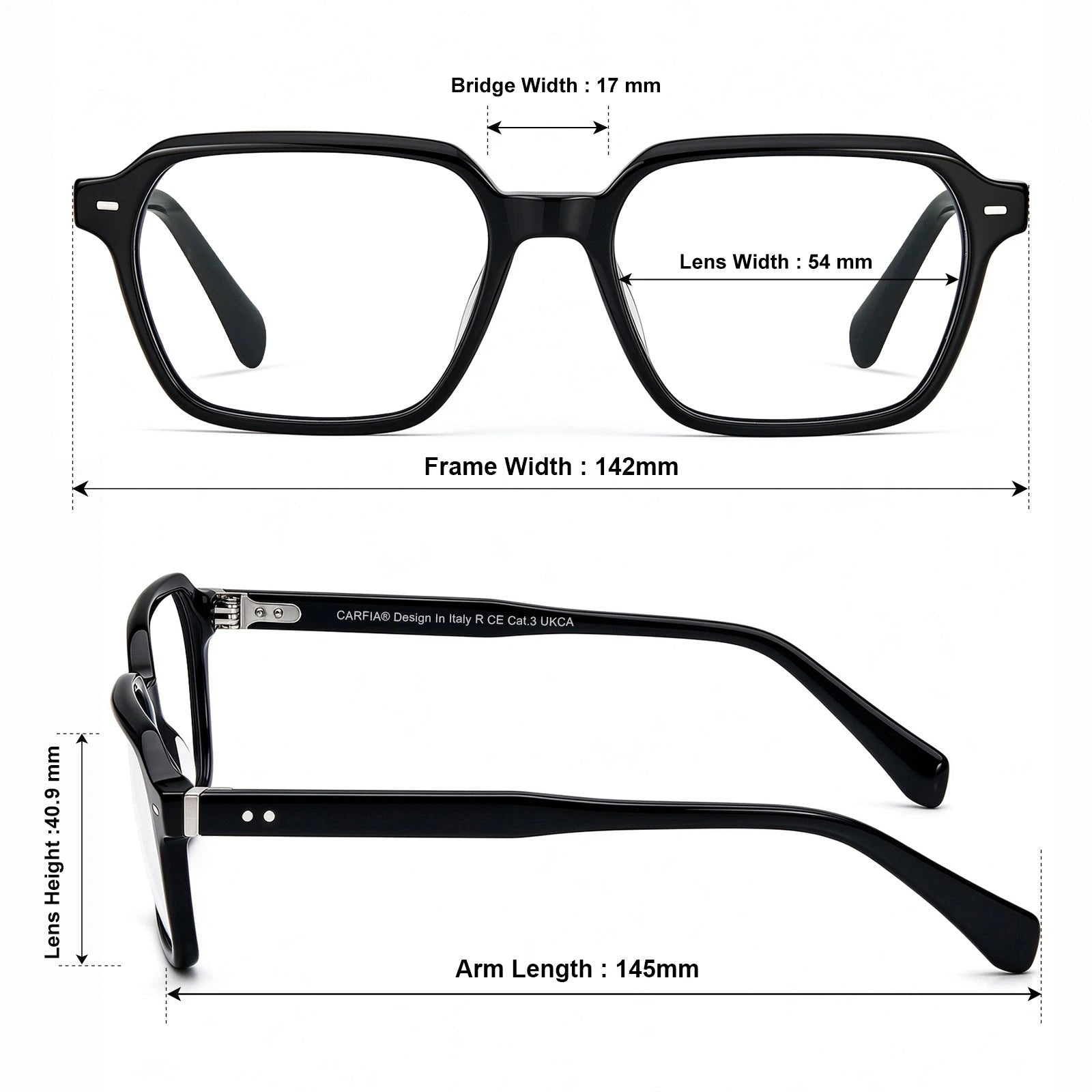 Carfia Aster CA7023-C1 Black Acetate Square Clear Eyeglasses for Men, Size-Chart View