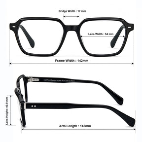 Carfia Aster CA7023-C1 Black Acetate Square Clear Eyeglasses for Men, Size-Chart View