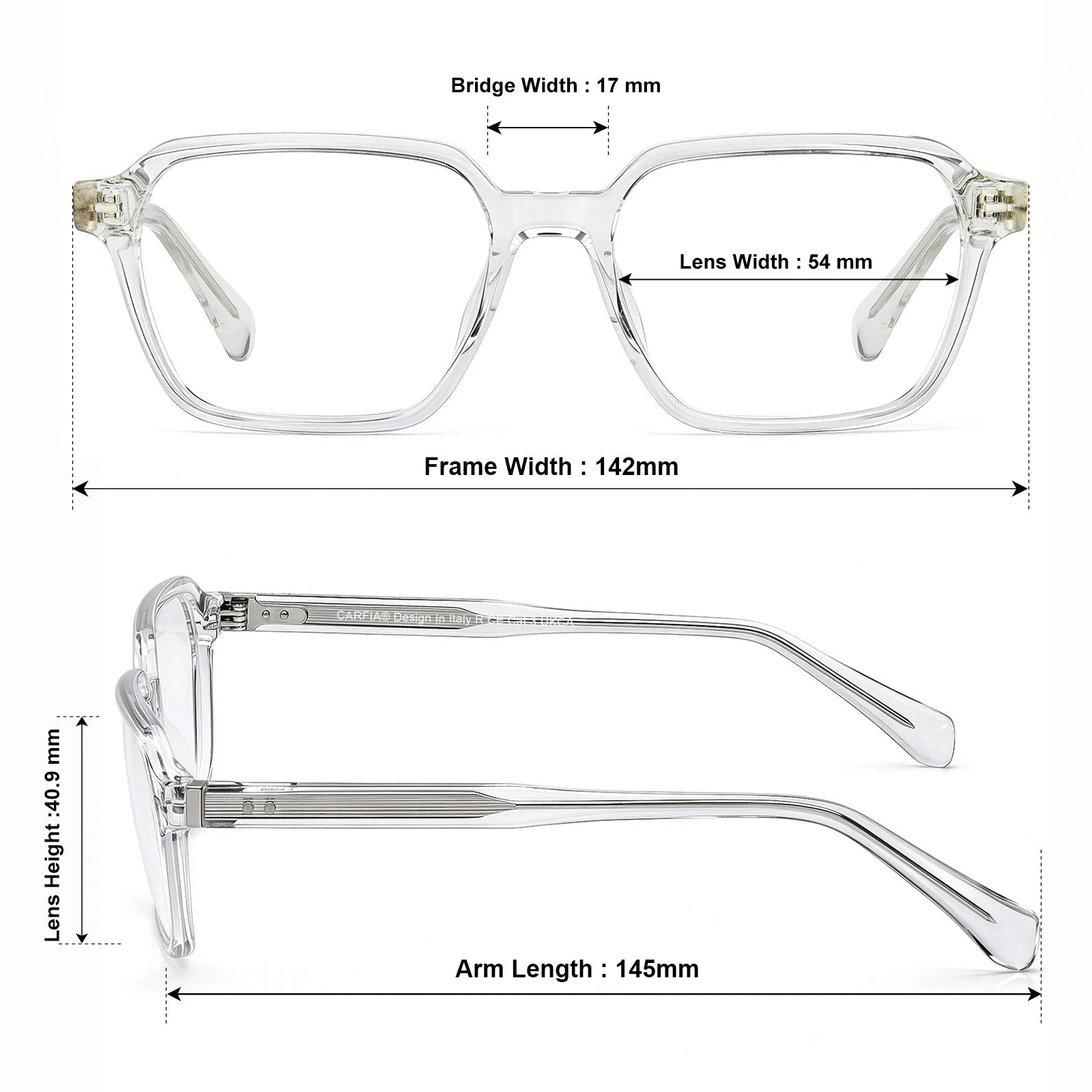 Carfia Aster CA7023-C2 Clear Acetate Square Clear Eyeglasses for Men, Size-Chart View