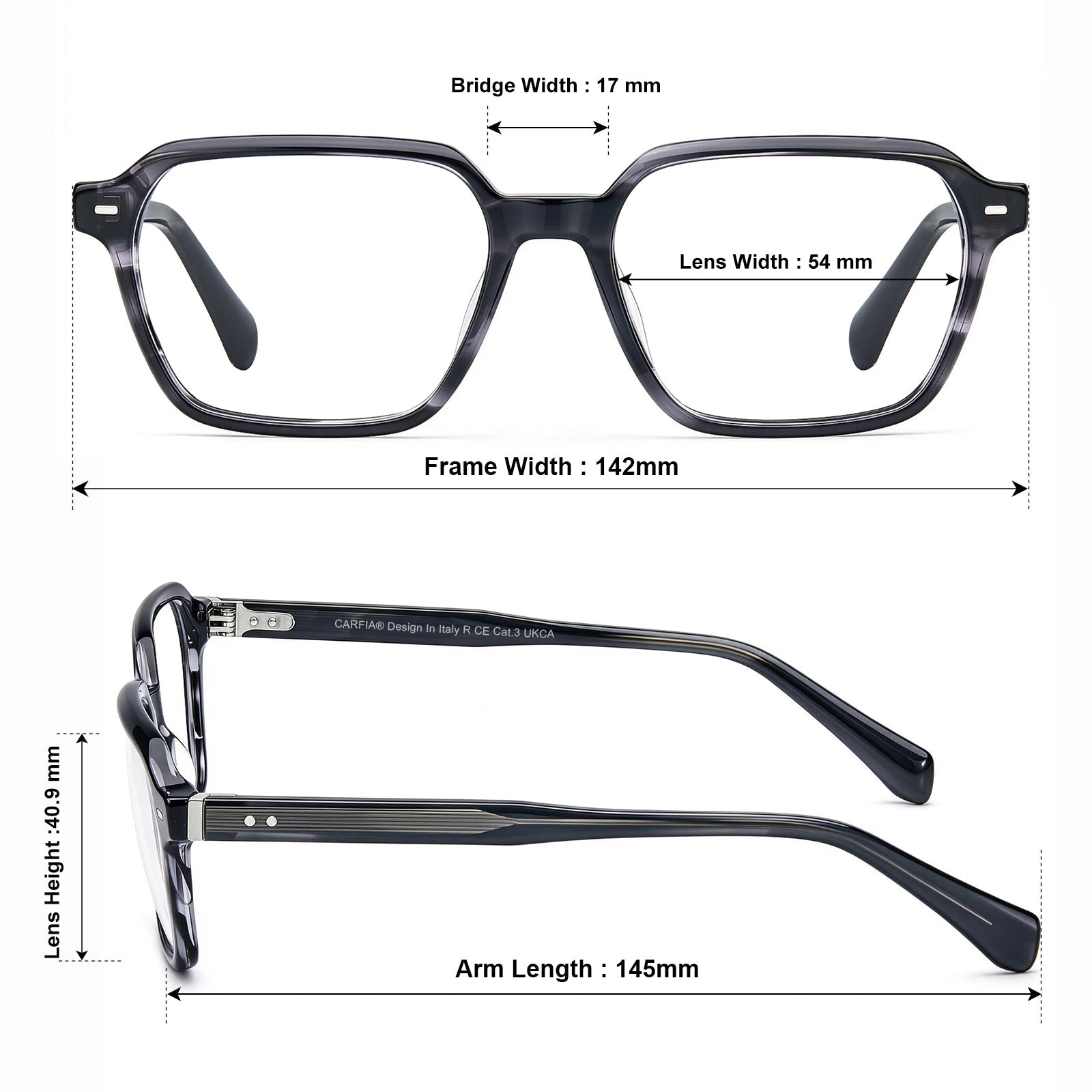 Carfia Aster CA7023-C3 Tortoise Acetate Square Clear Eyeglasses for Men, Size-Chart View