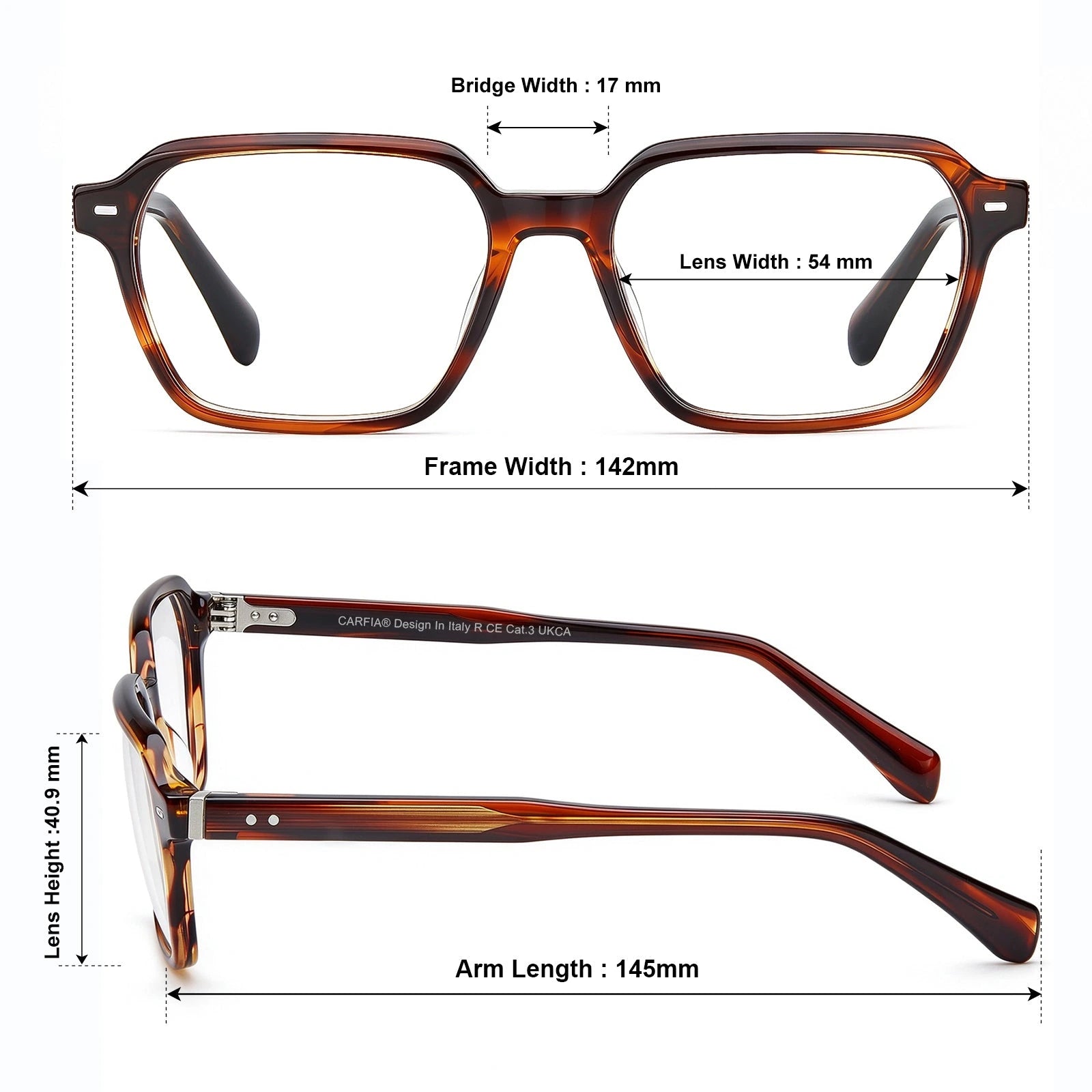 Carfia Aster CA7023-C4 Tortoise Acetate Square Clear Eyeglasses for Men, Size-Chart View