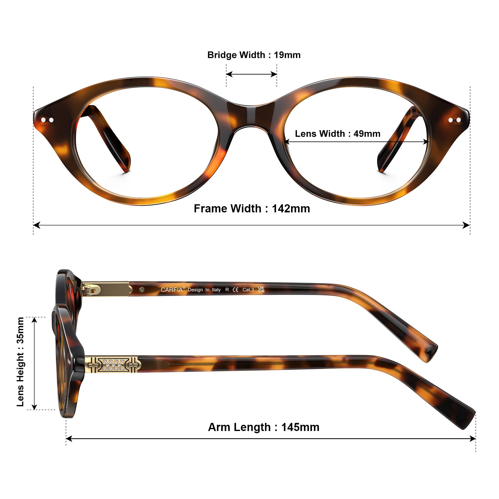 Carfia avenker fc03 women tortoise acetate prescription eyeglasses, sizes view