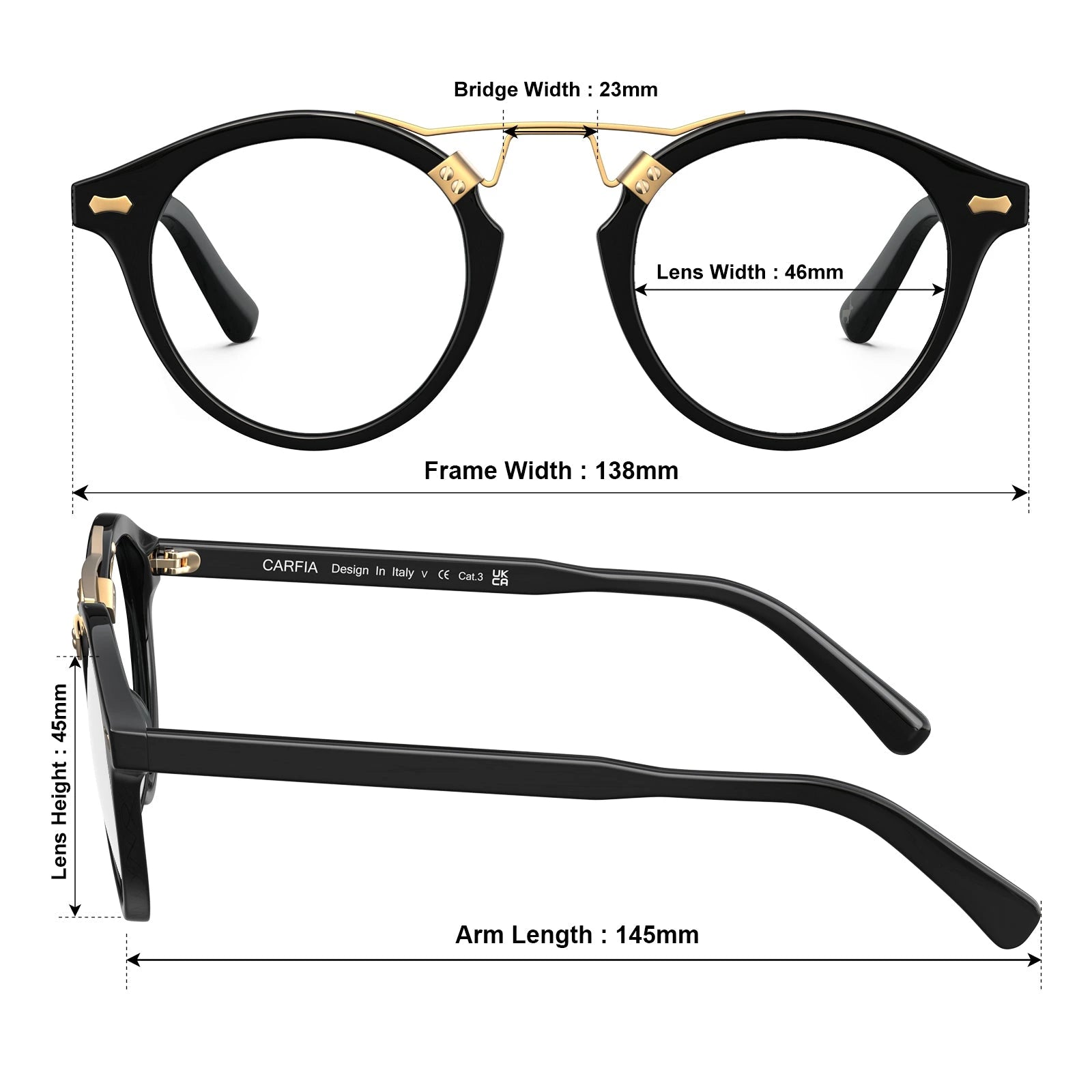 Carfia Avonpak CA5395-FC01 Black Acetate Round Prescription Glasses Eyeglasses for Unisex, Size Chart
