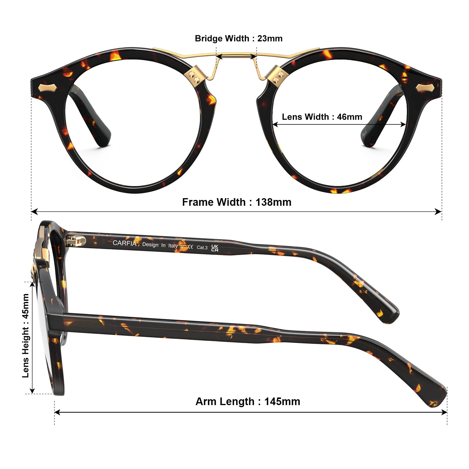 Carfia Avonpak CA5395-FC04 Tortoise Acetate Round Prescription Glasses Eyeglasses for Unisex, Size Chart