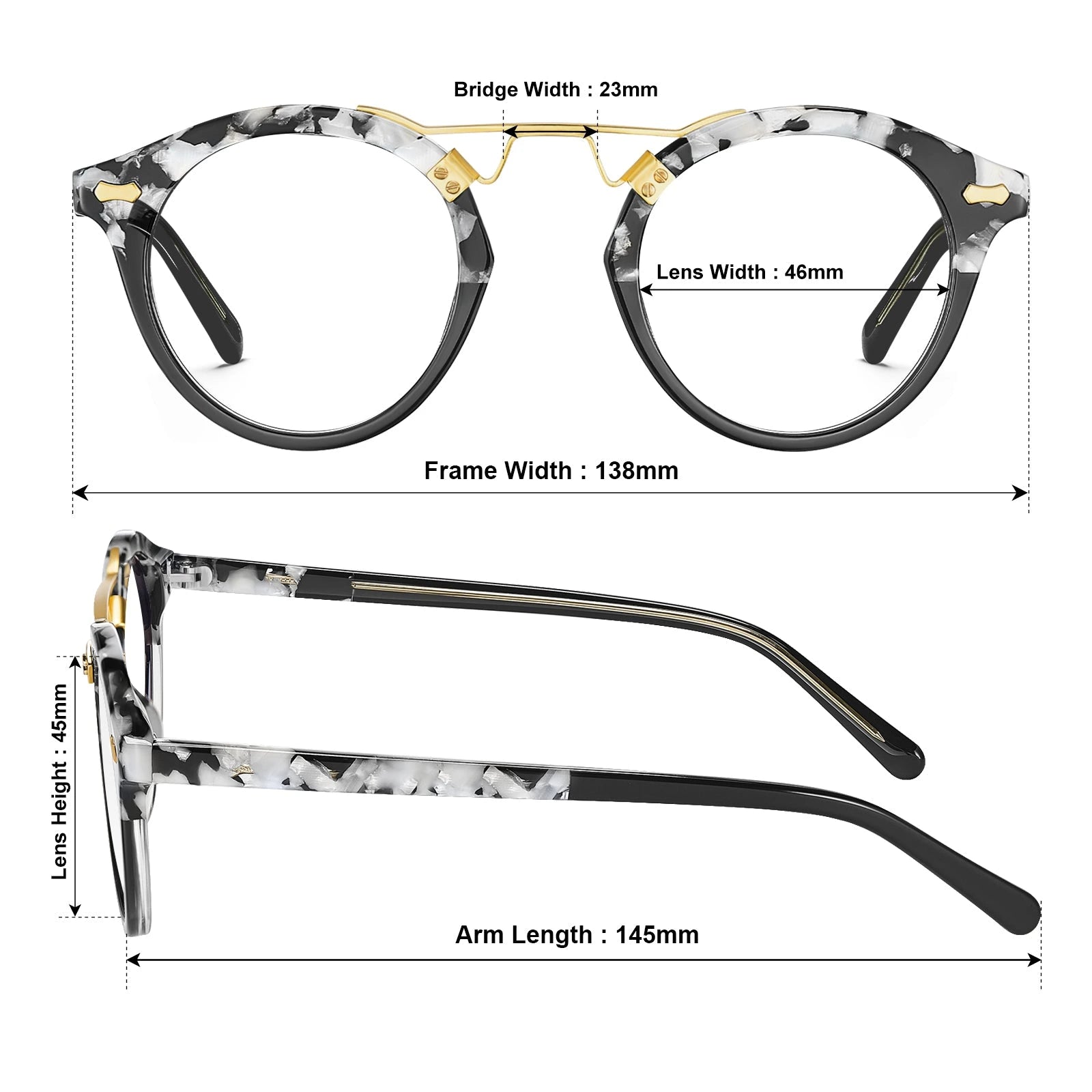 Carfia Avonpak CA5395-FC14 Tortoise Acetate Round Prescription Glasses Eyeglasses for Unisex, Size Chart