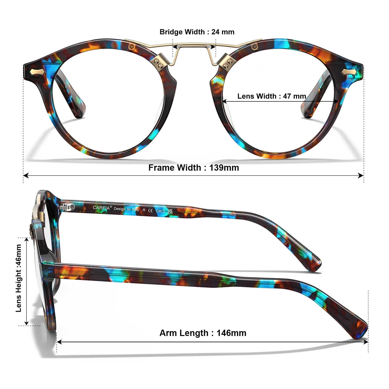 Carfia Avonpak CA5395-FC17 Tortoise Acetate Round Prescription Glasses Eyeglasses for Unisex, Size Chart