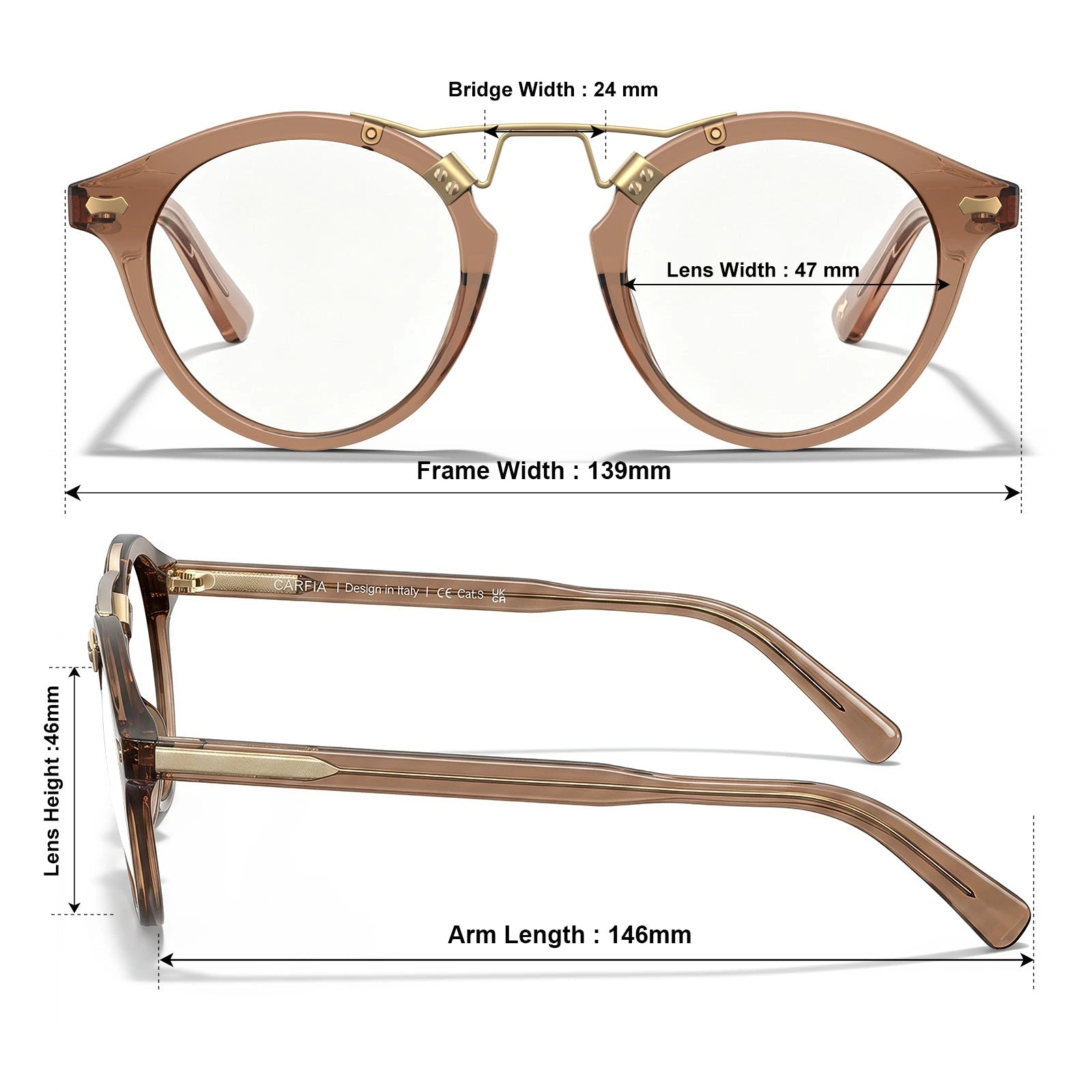 Carfia Avonpak CA5395-FC28 Tortoise Acetate Round Prescription Glasses Eyeglasses for Unisex, Size Chart