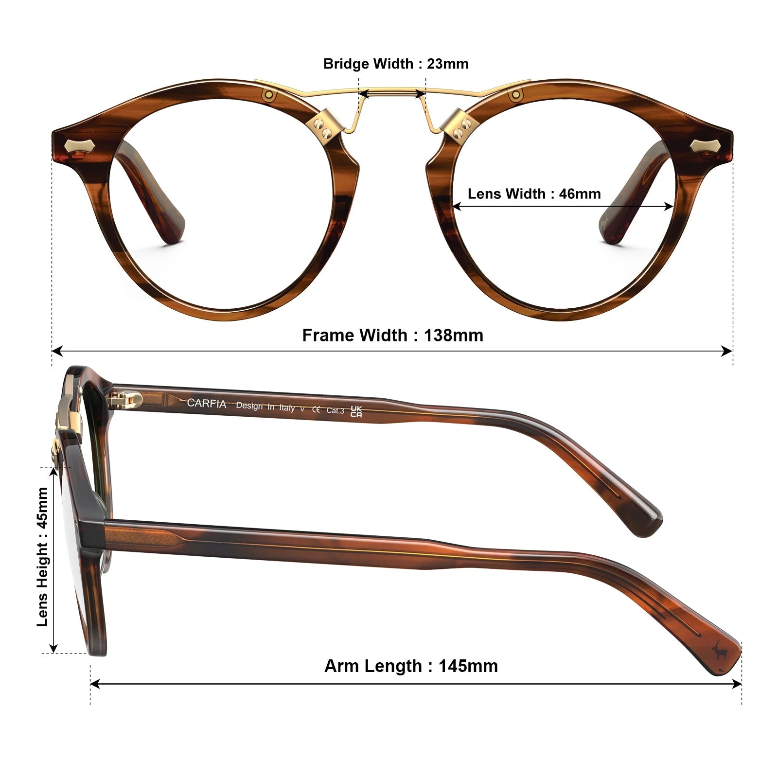 Carfia Avonpak CA5395-FL02 Brown Acetate Round Prescription Glasses Eyeglasses for Unisex, Size Chart