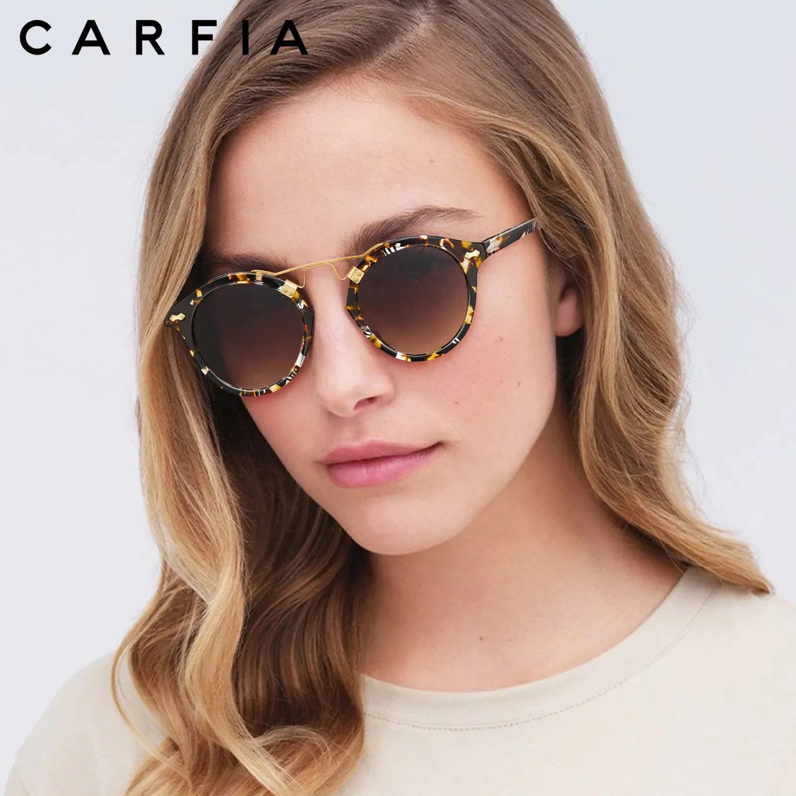Carfia AvonPark-C03 Tortoise Acetate Round Polarized Sunglasses for Women, Model Side View