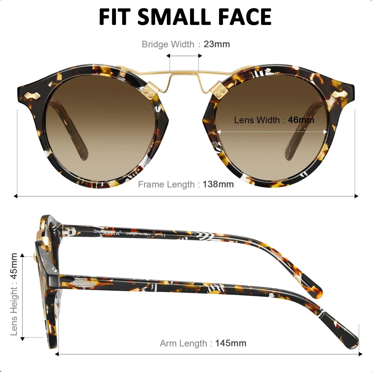 Carfia AvonPark-C03 Tortoise Acetate Round Polarized Sunglasses for Women Size Chart: 138mm frame width, fits small faces, 100% UV protection