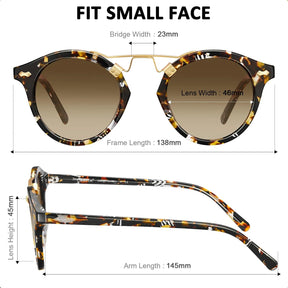 Carfia AvonPark-C03 Tortoise Acetate Round Polarized Sunglasses for Women Size Chart: 138mm frame width, fits small faces, 100% UV protection