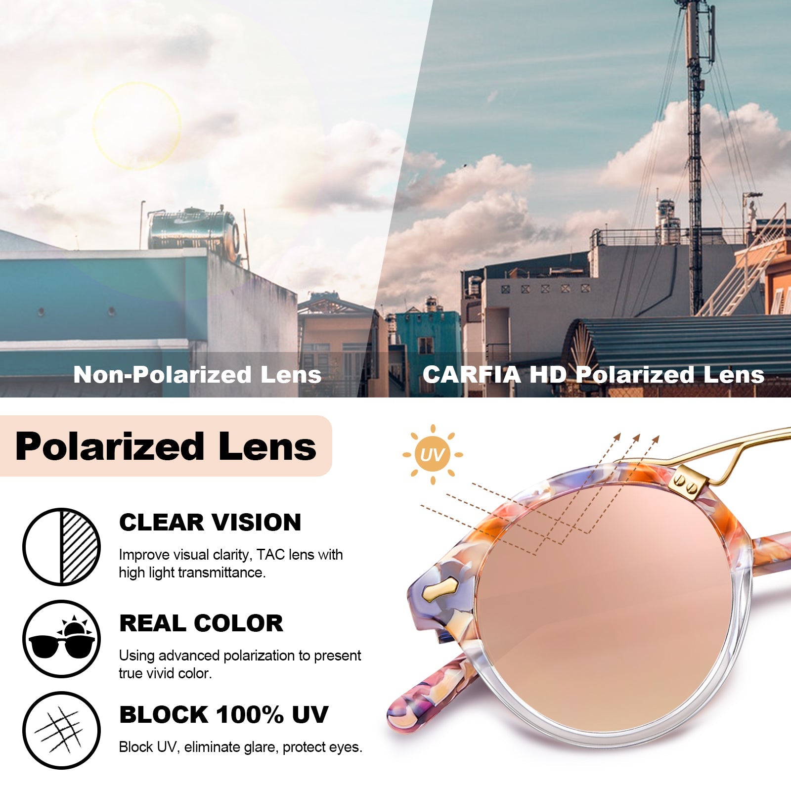 Carfia AvonPark CA5395-C09 Floral Acetate Heart Polarized Sunglasses for Women, Features View