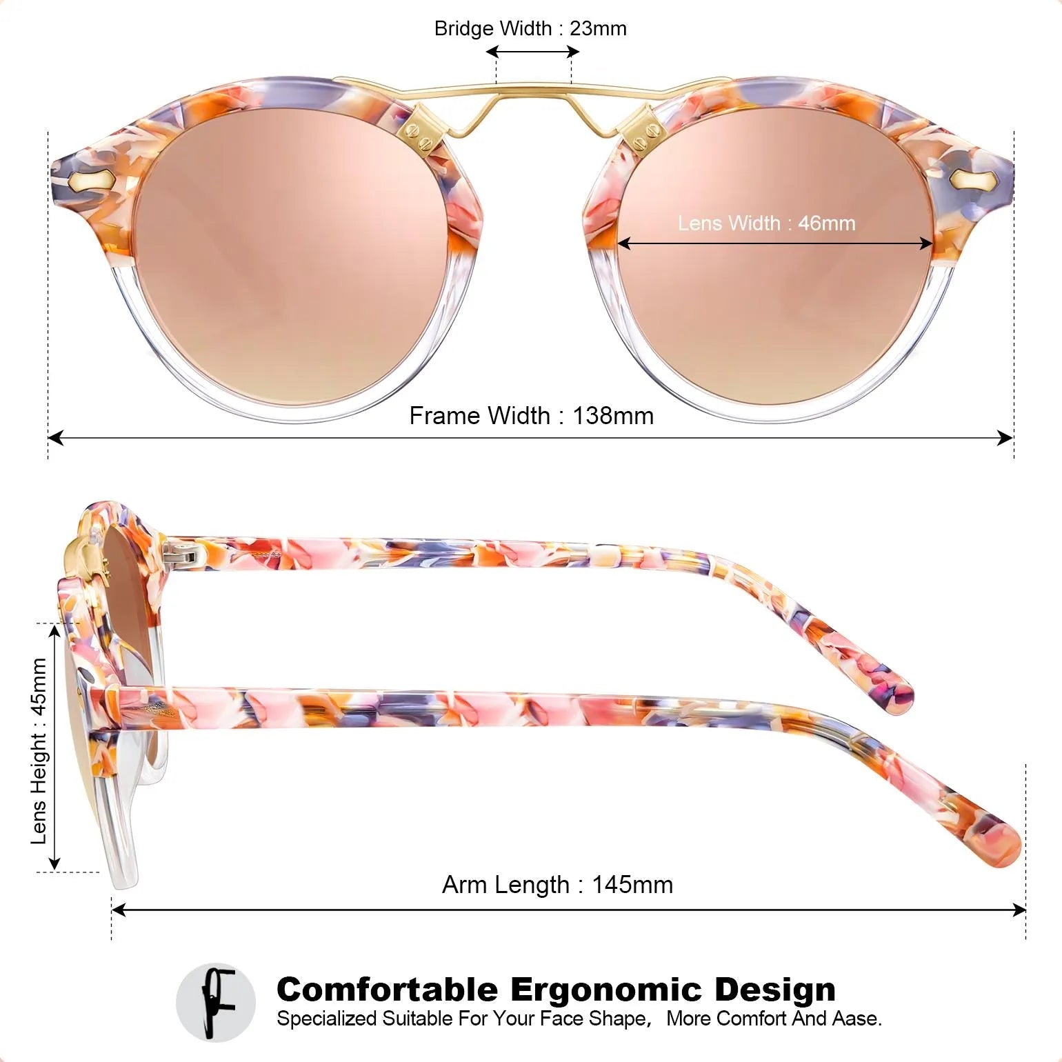 Carfia AvonPark CA5395-C09 Floral Acetate Heart Polarized Sunglasses for Women, Size-Chart View