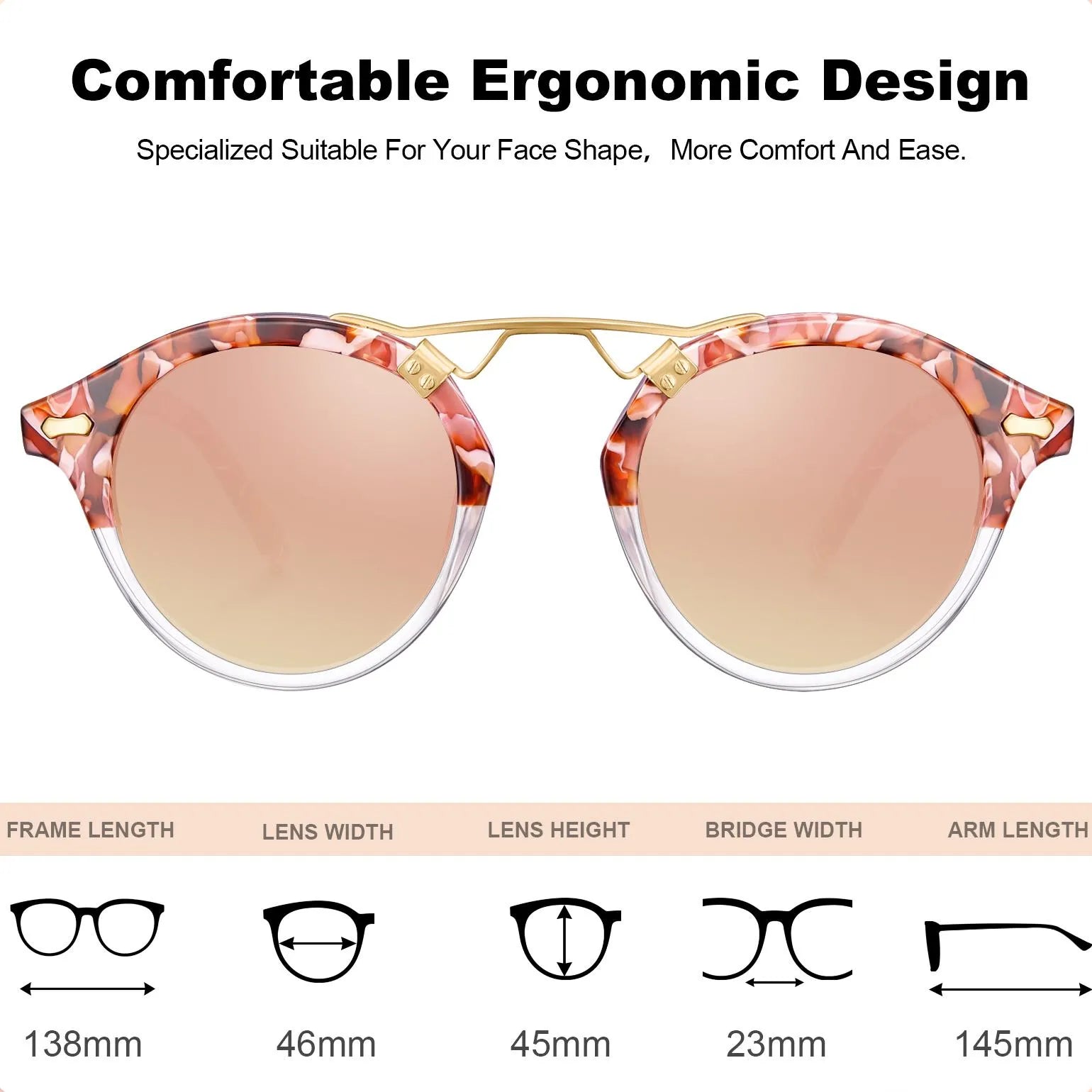 Carfia AvonPark CA5395-C15 Floral Acetate Heart Polarized Sunglasses for Women, Size-Chart View