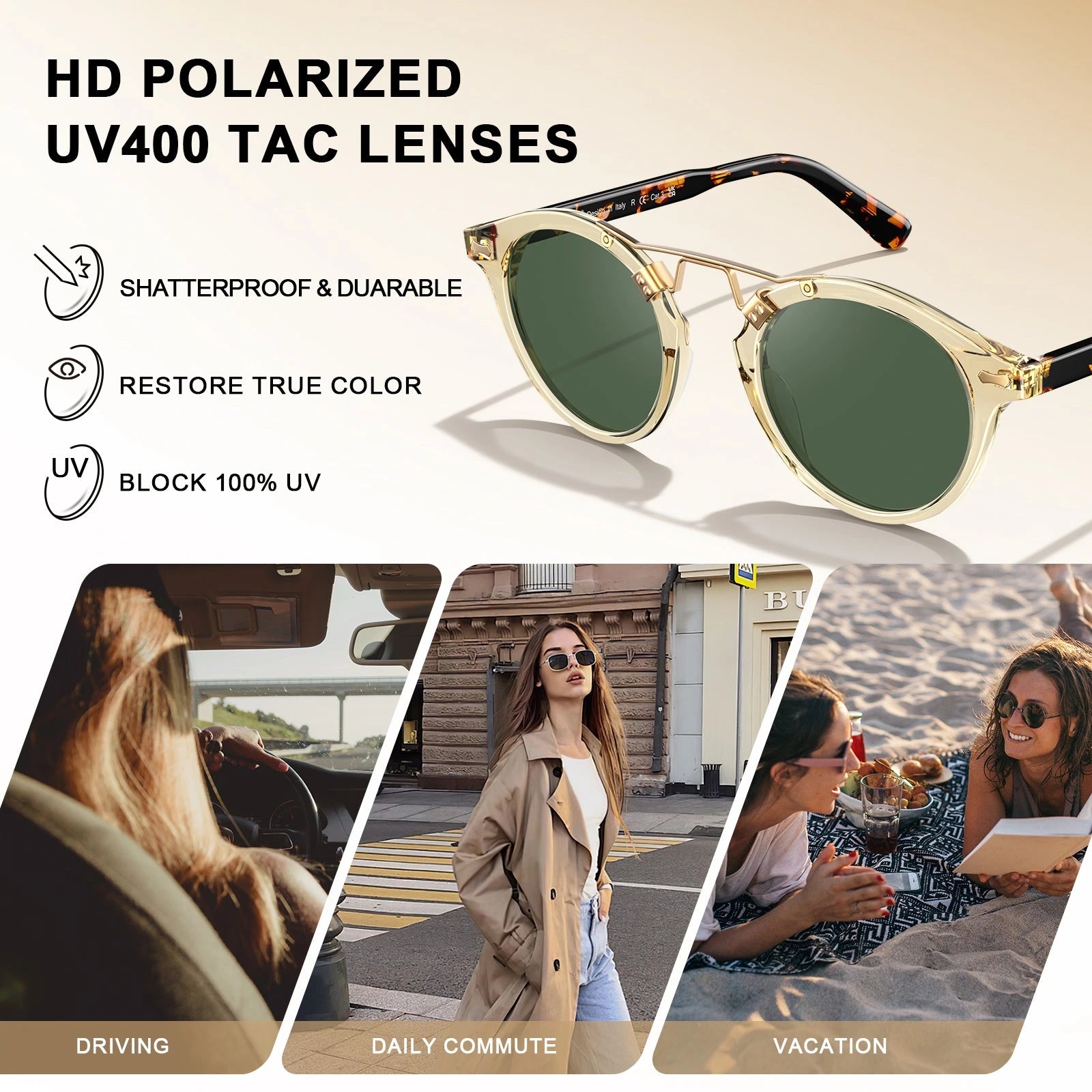 Carfia AvonPark CA5395-C25 Gold Acetate Round Polarized Sunglasses for Women, Lifestyle View