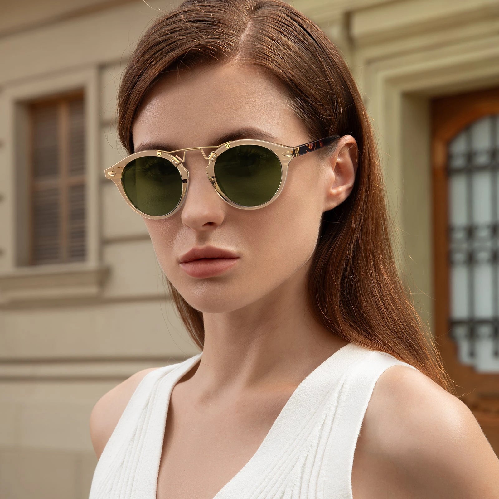 Carfia AvonPark CA5395-C25 Gold Acetate Round Polarized Sunglasses for Women, Model View
