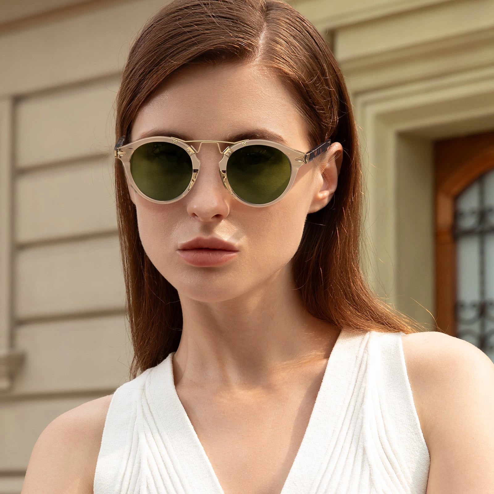 Carfia AvonPark CA5395-C25 Gold Acetate Round Polarized Sunglasses for Women, Portrait View