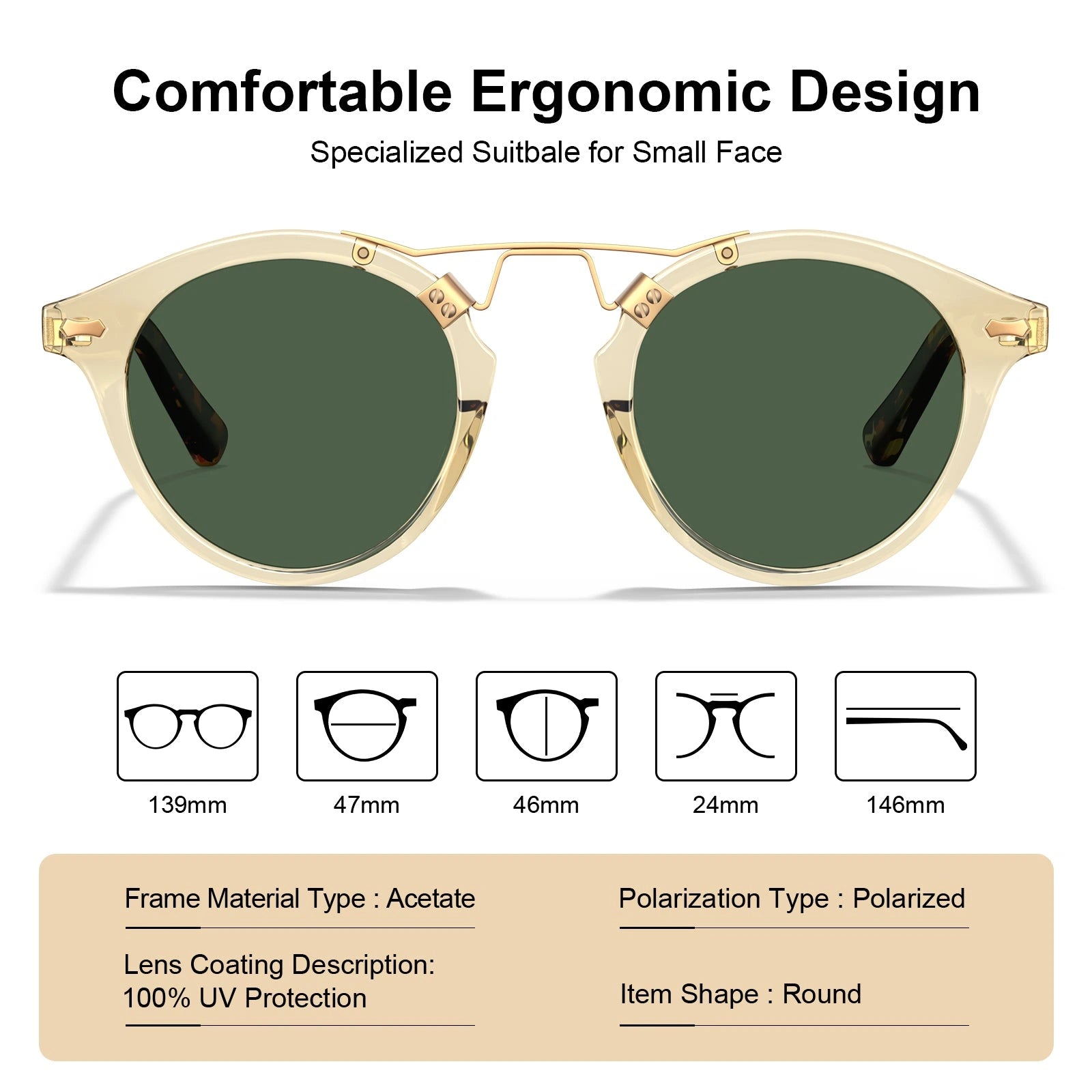 Carfia AvonPark CA5395-C25 Gold Acetate Round Polarized Sunglasses for Women, Size-Chart View