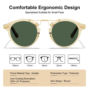 Carfia AvonPark CA5395-C25 Gold Acetate Round Polarized Sunglasses for Women, Size-Chart View