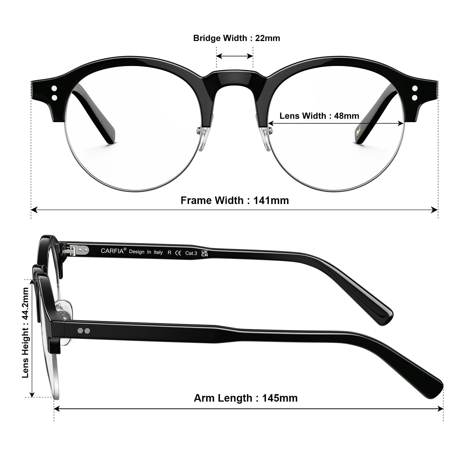 Carfia Cathom CA1962-FC01 Black Acetate Round Prescription Glasses Eyeglasses for Unisex, Size Chart