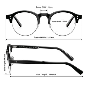 Carfia Cathom CA1962-FC01 Black Acetate Round Prescription Glasses Eyeglasses for Unisex, Size Chart