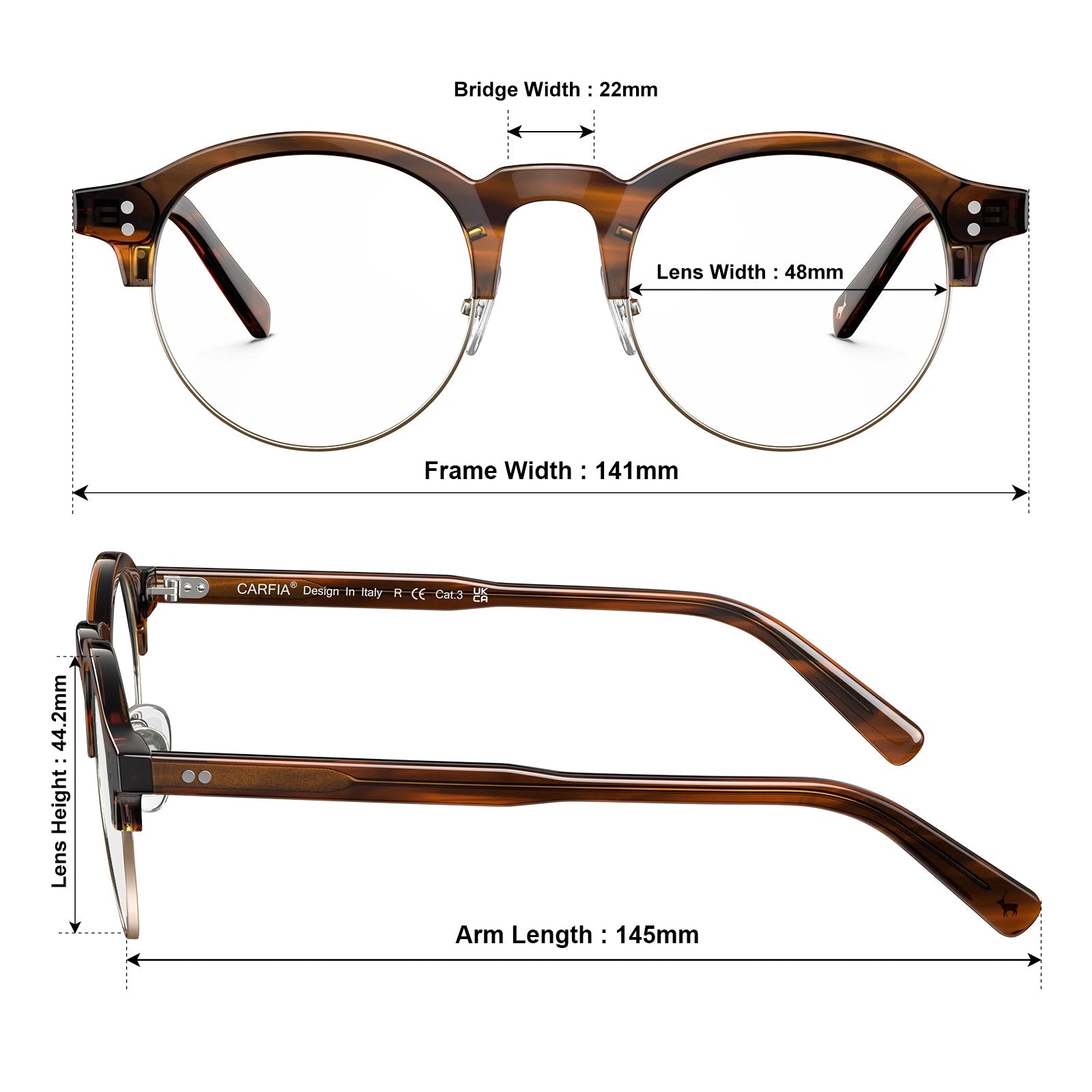 Carfia Cathom CA1962-FC04 Tortoise Acetate Round Prescription Glasses Eyeglasses for Unisex, Size Chart