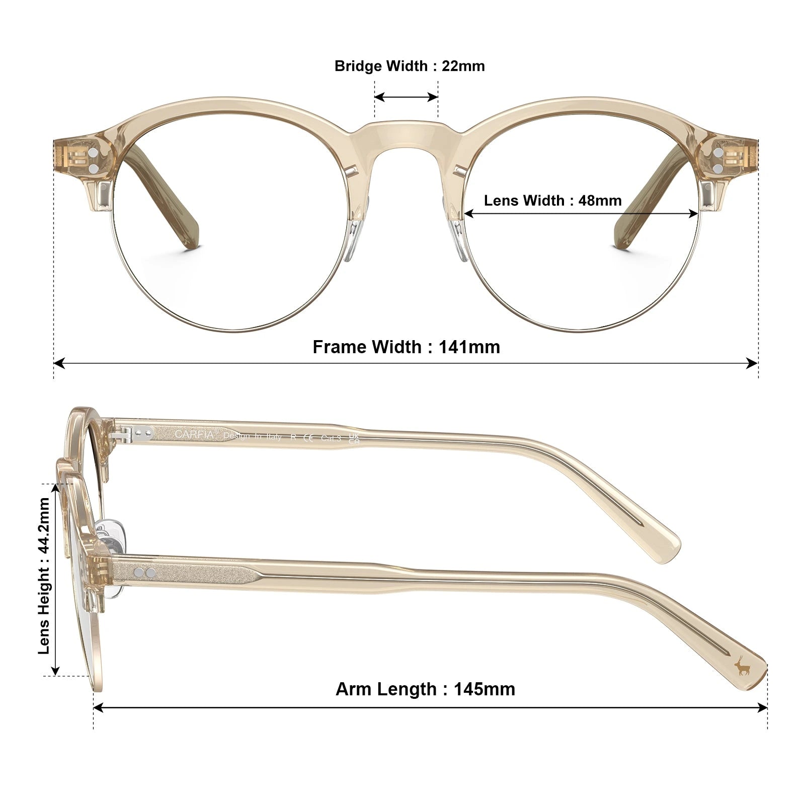 Carfia Cathom CA1962-FC05 Gold Acetate Round Prescription Glasses Eyeglasses for Unisex, Size Chart