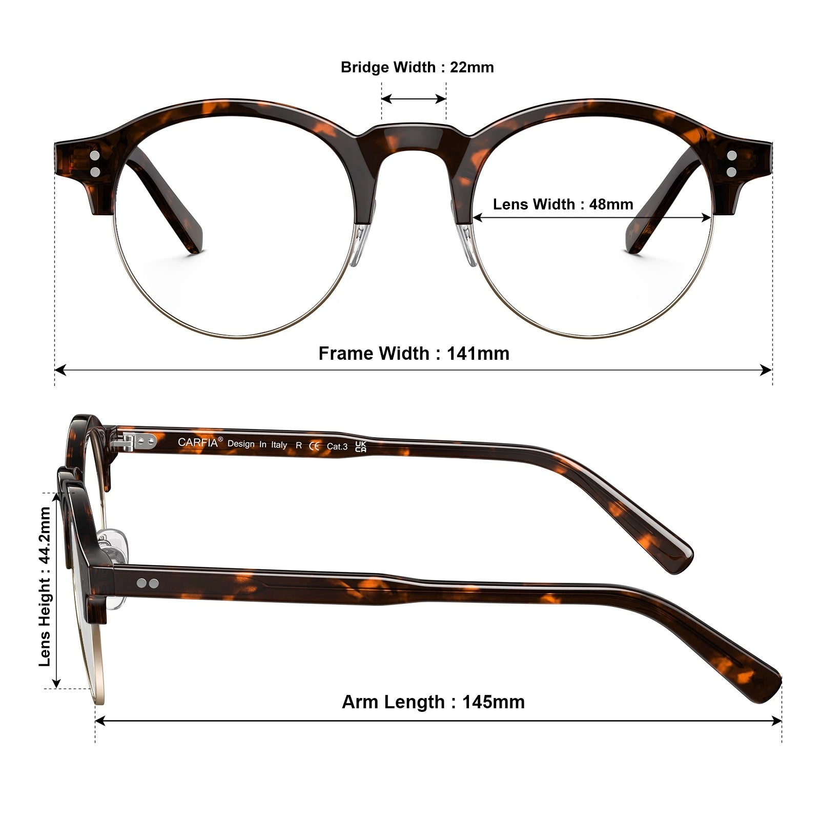 Carfia Cathom CA1962-FC07 Tortoise Acetate Round Prescription Glasses Eyeglasses for Unisex, Size Chart