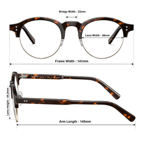 Carfia Cathom CA1962-FC07 Tortoise Acetate Round Prescription Glasses Eyeglasses for Unisex, Size Chart