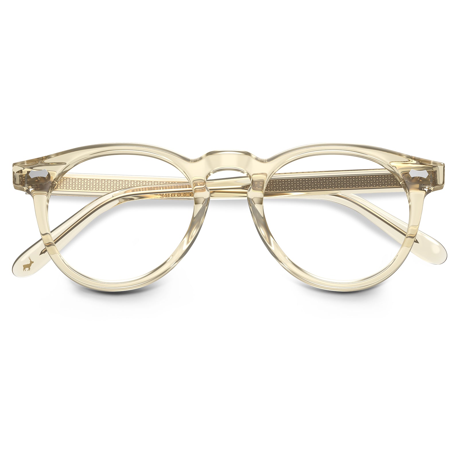 Transparent champagne acetate eyeglasses detail - CARFIA Dublin golden undertone frames close-up flod