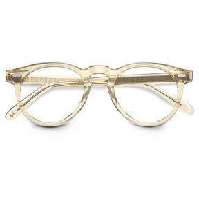 Transparent champagne acetate eyeglasses detail - CARFIA Dublin golden undertone frames close-up flod