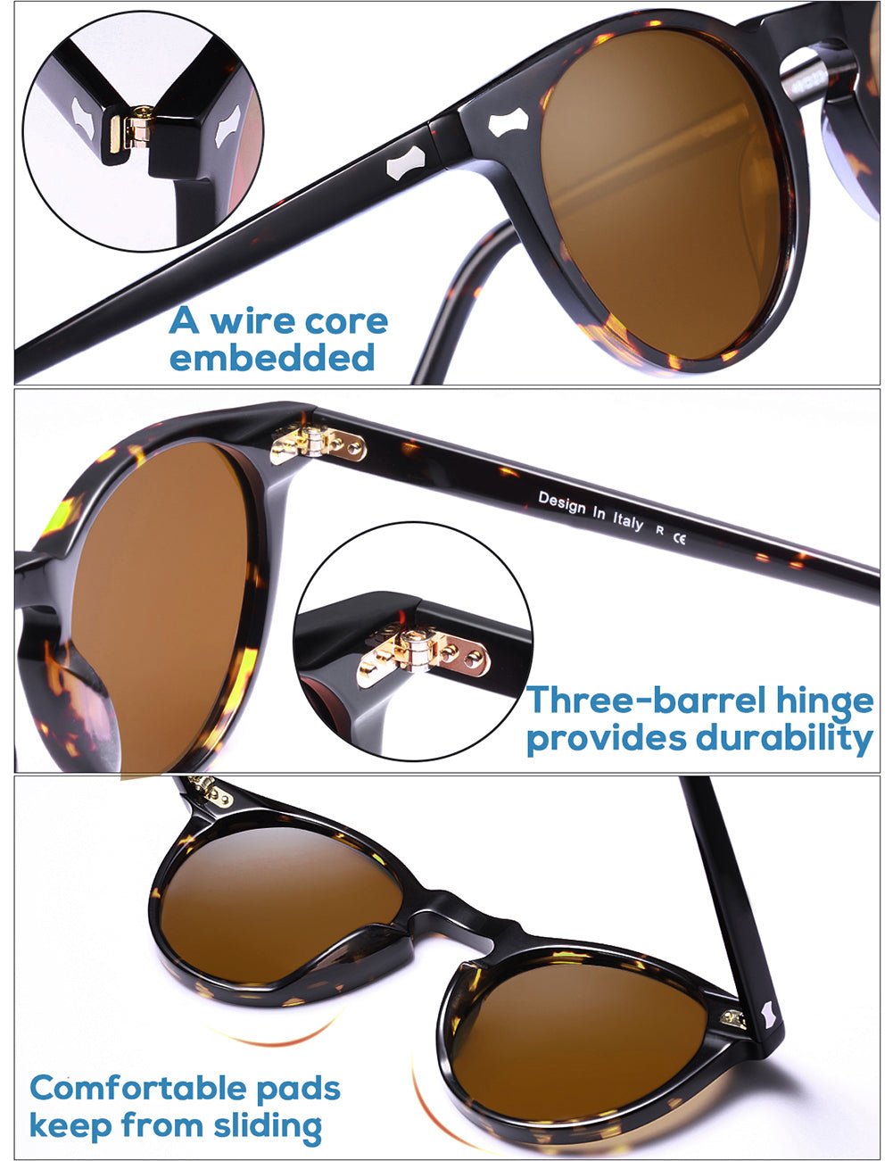 Carfia Chicago-C03-RX Tortoise Acetate Round Polarized Prescription Sunglasses for Women, Detail: wire core embedded temples, three-barrel hinges, comfortable nose pads